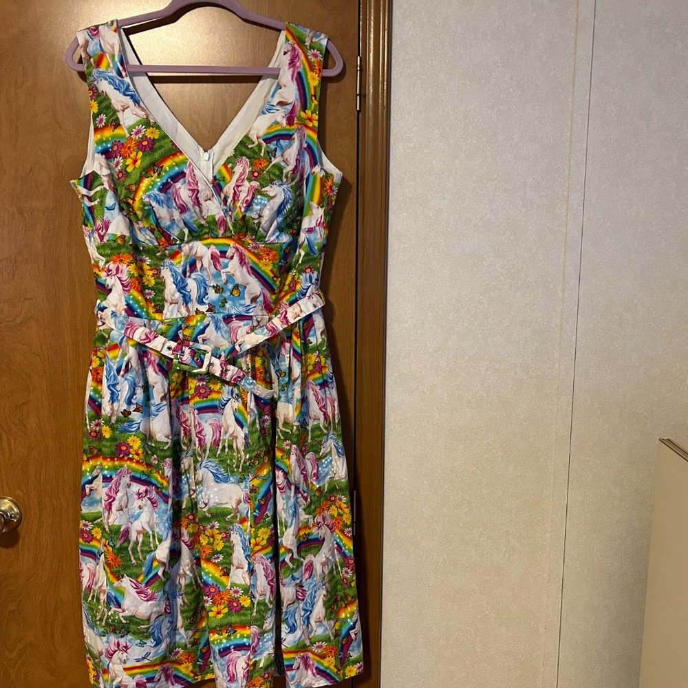 Retro VICTORY PARADE By Limb Sz XL Vivid MultiColor Unicorn Rainbow Belted Dress